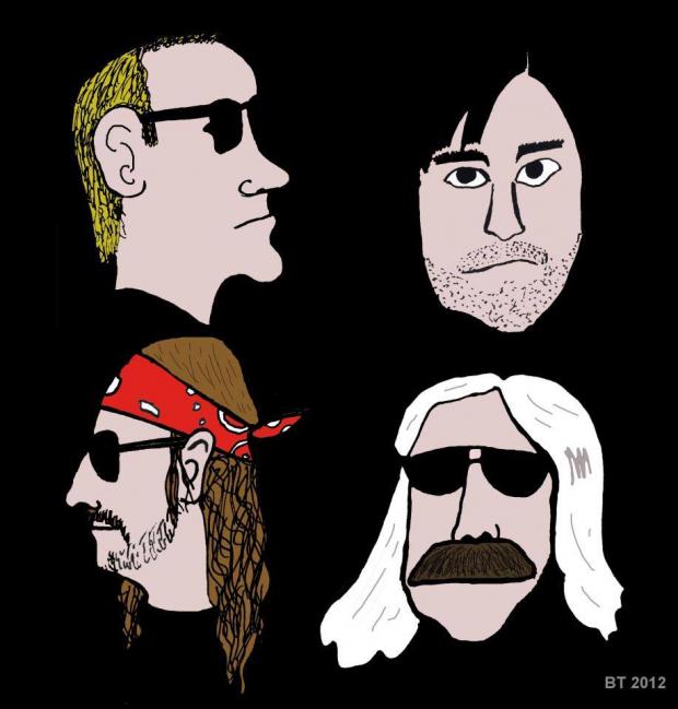 Cartoons of four guys heads in the band