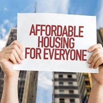 Drawing of two hands holding up a sign saying Affordable Housing for Everyone and a big building in the background