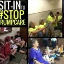 Three photos showing people sitting on the floor and the words Sit in to #Stop Trumpcare