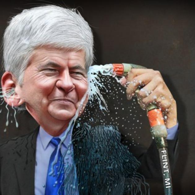 Cartoonish picture of gray haired man spraying water from a hose through his head