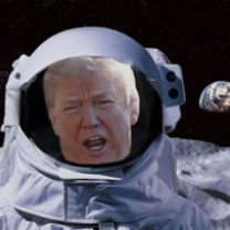 Older white man with mouth open, his face in an astronaut helmet and outfit against blackness of space and a moon in the background