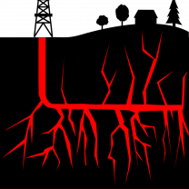 Black and red image of the ground on top with a fracking tower, trees and a house and below red lines branching out underneath