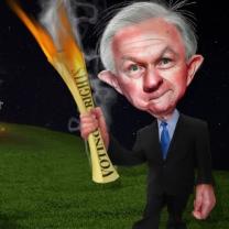 Cartoon of weird looking gray haired man with big ears in a suit holding a fiery torch made of a rolled up paper that says Voting Rights on it