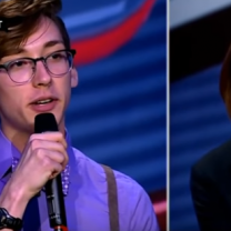 Trevor Hills talking into a mic on one side and Nancy Pelosi looking down on the other side