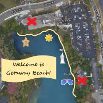 Birds eye view of quarry and words Welcome to Getaway Beach!